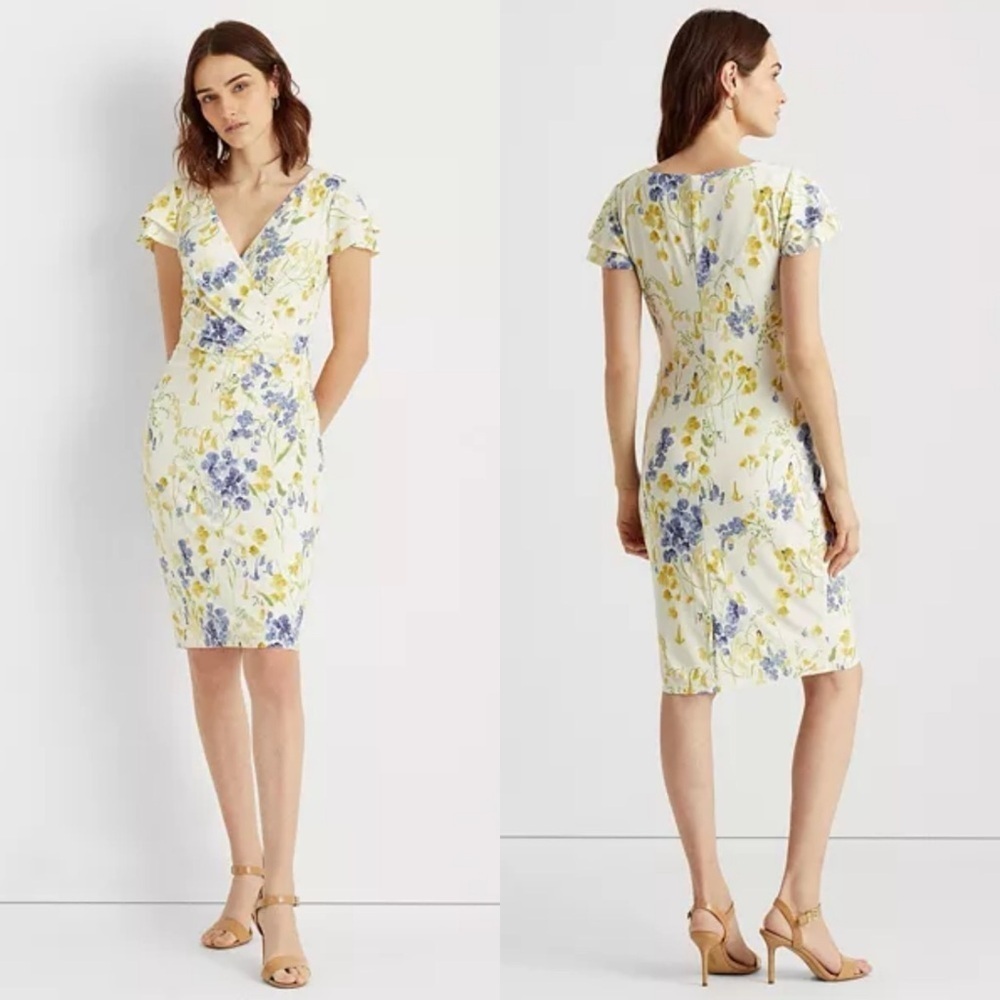 Lauren Ralph Lauren Yellow Floral Midi Dress with Blue Accents